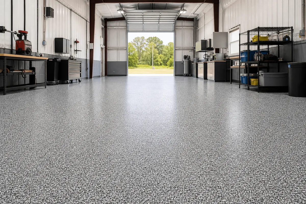 Workshop interior with a gray floor coating.