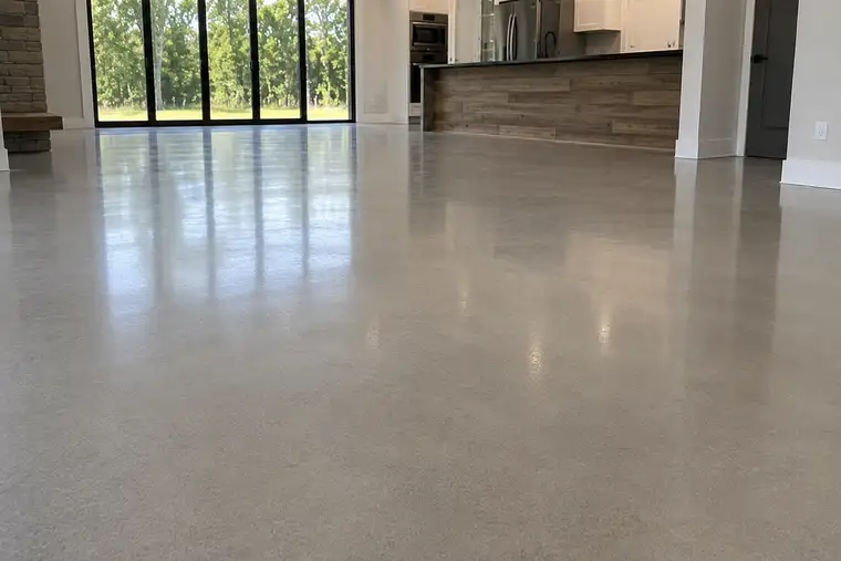 Interior with a smooth, polished gray concrete floor.