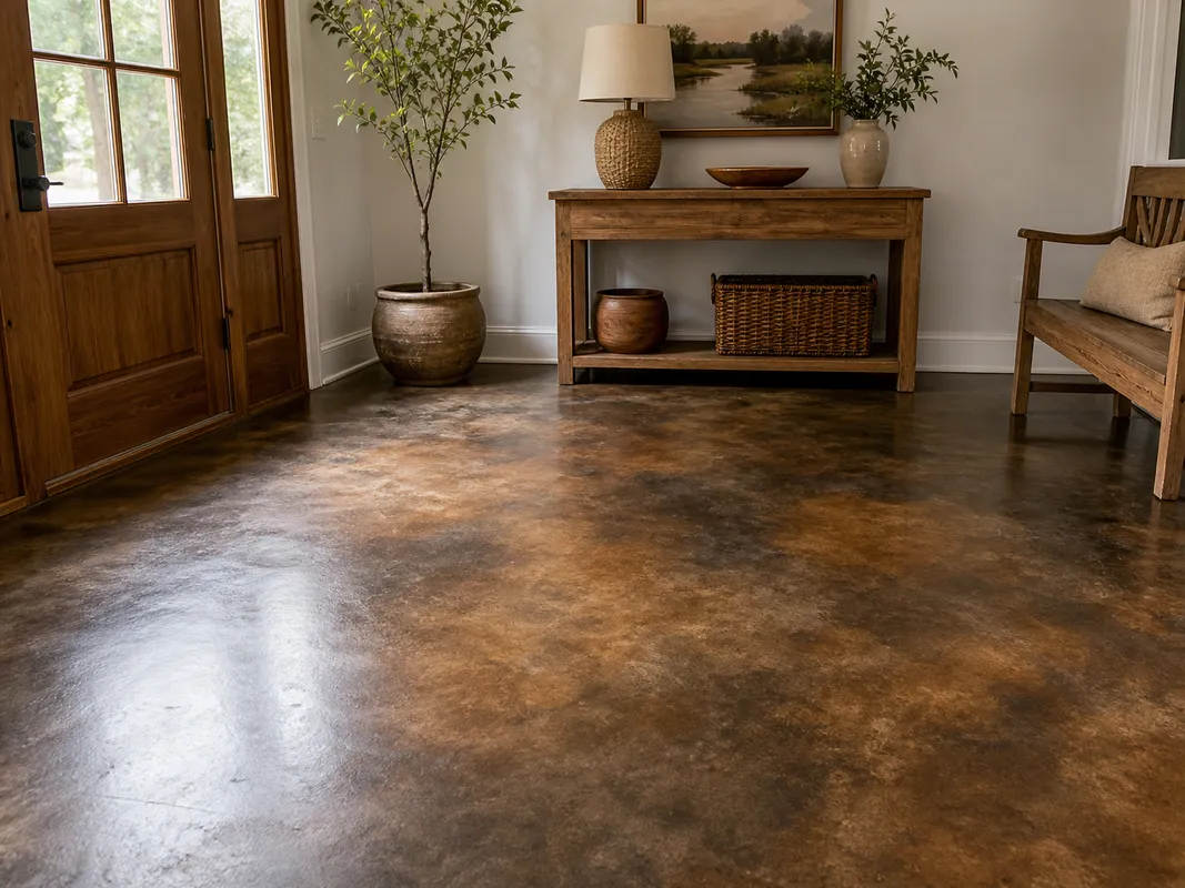 Interior with a warm brown stained concrete floor.